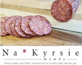 Na*Kyrsie Meats Summer Sausage sliced to show texture
